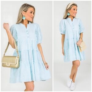 & Merci Steiped Seersucker Blue White Tiered Dress, L